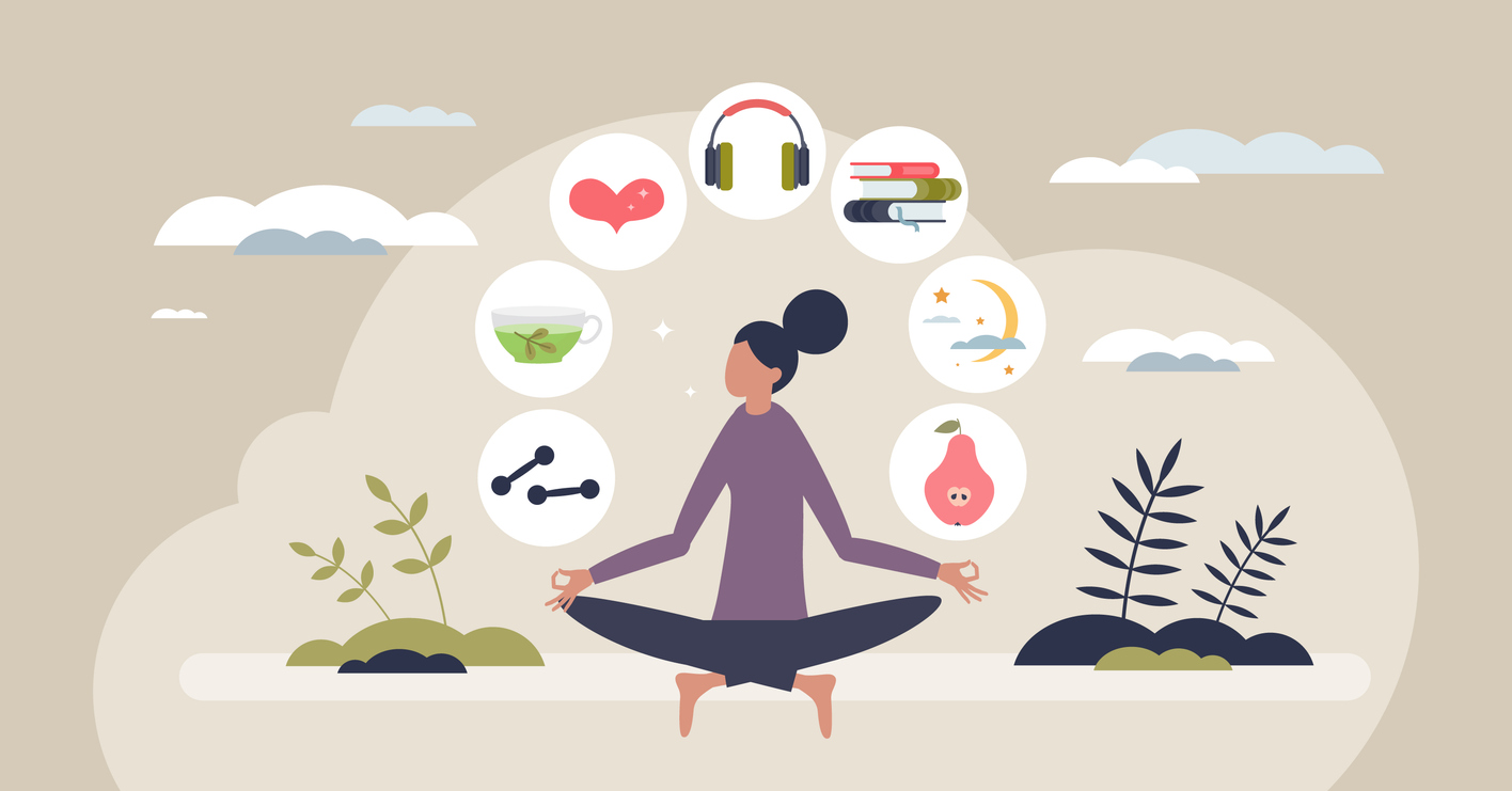 Self care and things for personal wellness and harmony tiny person concept